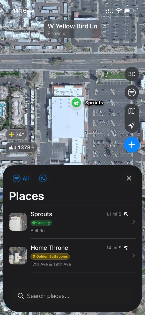 Paacha showing a pinned Sprouts grocery on a satellite map of West Yellow Bird Lane, Phoenix, with a Places bottom sheet